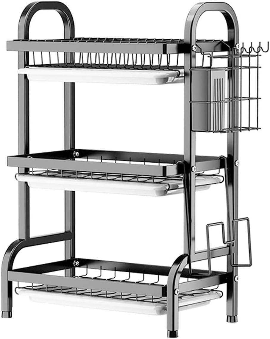 3 Tier Dish Drying Rack, Large Stainless Steel Over The Sink Dish with Drain Tray, Kitchen Dishes Drying Racks, Dish Racks for Kitchen Counter Storage (Black)