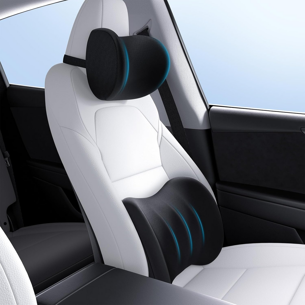 Car Neck Pillow and Lumbar Support Pillow for Car Set [Ergonomic Design, Pressure Relief] Soft Car Headrest Pillow Back Cushion with Adjustable Strap, Fits All Vehicles (Black)