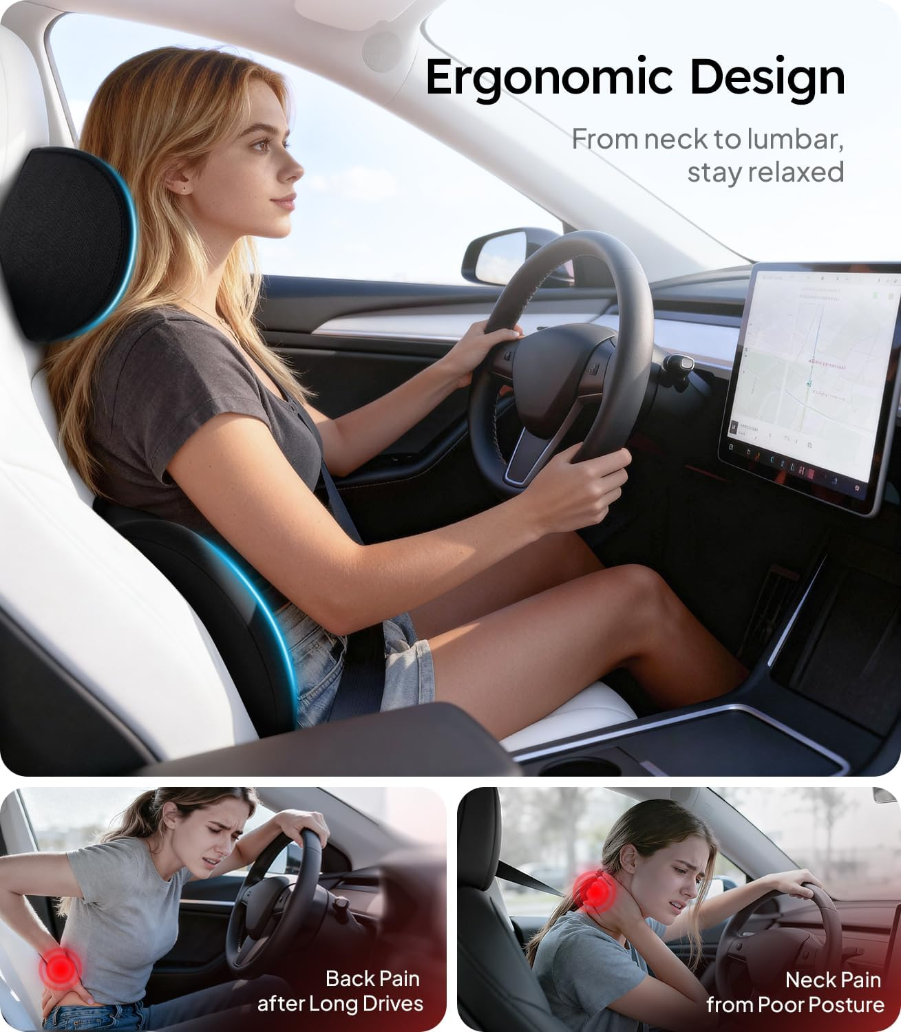 Car Neck Pillow and Lumbar Support Pillow for Car Set [Ergonomic Design, Pressure Relief] Soft Car Headrest Pillow Back Cushion with Adjustable Strap, Fits All Vehicles (Black)
