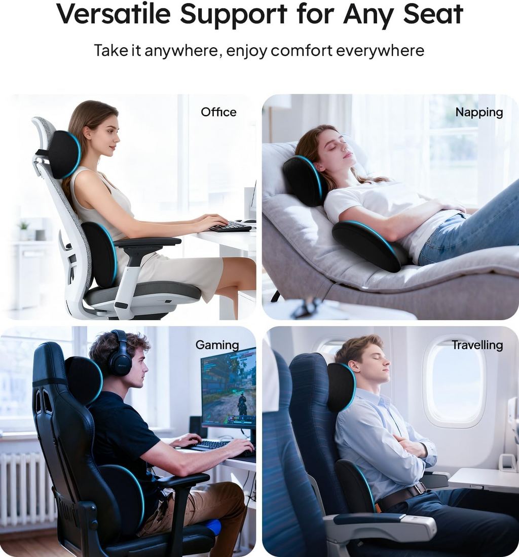 Car Neck Pillow and Lumbar Support Pillow for Car Set [Ergonomic Design, Pressure Relief] Soft Car Headrest Pillow Back Cushion with Adjustable Strap, Fits All Vehicles (Black)