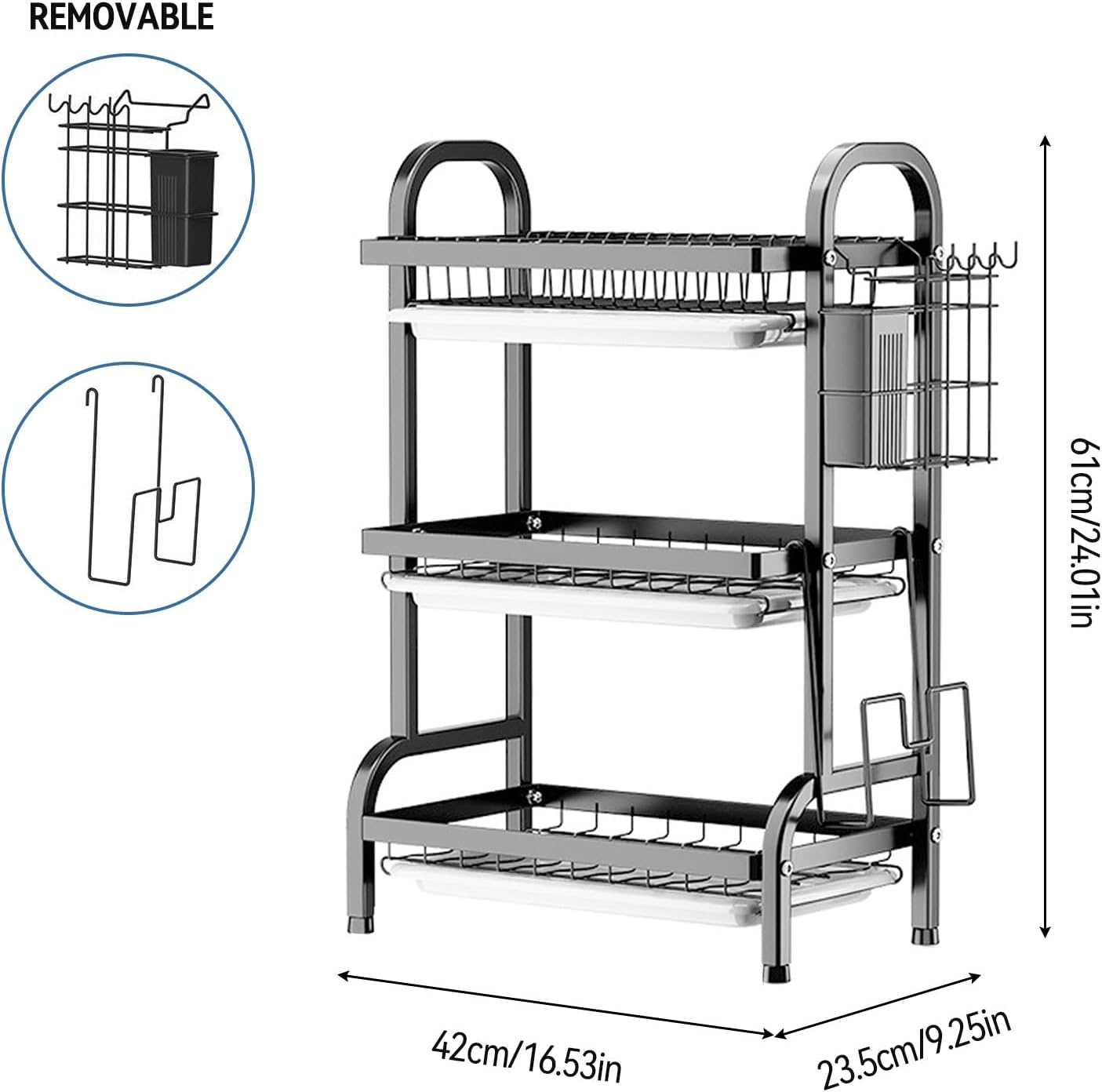 3 Tier Dish Drying Rack, Large Stainless Steel Over The Sink Dish with Drain Tray, Kitchen Dishes Drying Racks, Dish Racks for Kitchen Counter Storage (Black)