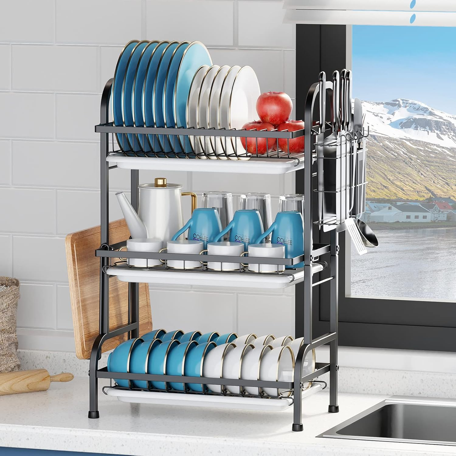 3 Tier Dish Drying Rack, Large Stainless Steel Over The Sink Dish with Drain Tray, Kitchen Dishes Drying Racks, Dish Racks for Kitchen Counter Storage (Black)