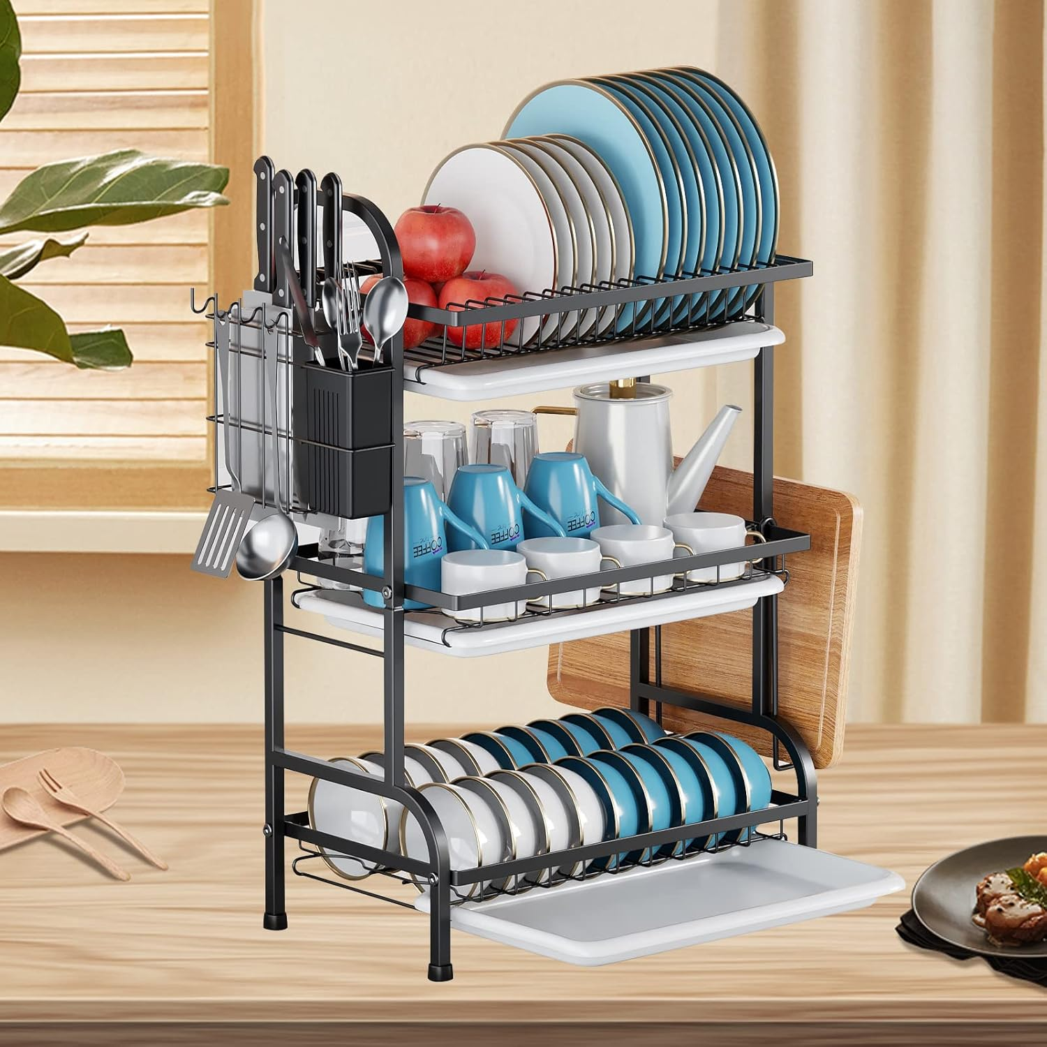 3 Tier Dish Drying Rack, Large Stainless Steel Over The Sink Dish with Drain Tray, Kitchen Dishes Drying Racks, Dish Racks for Kitchen Counter Storage (Black)