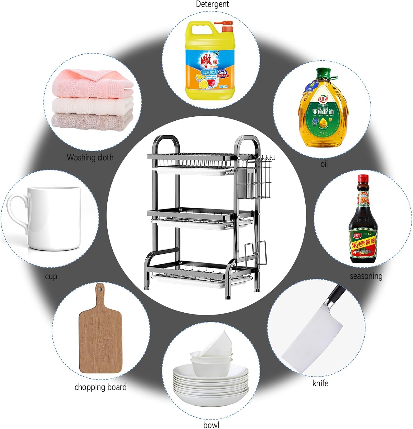 3 Tier Dish Drying Rack, Large Stainless Steel Over The Sink Dish with Drain Tray, Kitchen Dishes Drying Racks, Dish Racks for Kitchen Counter Storage (Black)