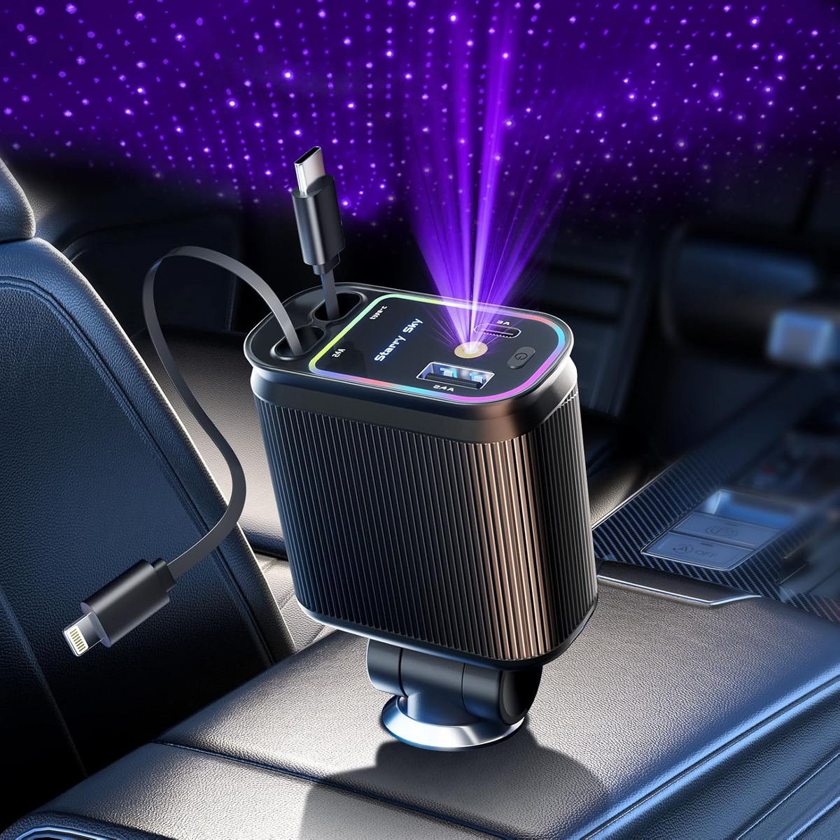 Retractable Car Charger with Starlight, 66W Starlight in Car roof 4 in 1 Retractable Car Phone Charger Adapter, Fast Charging USB C Cable
