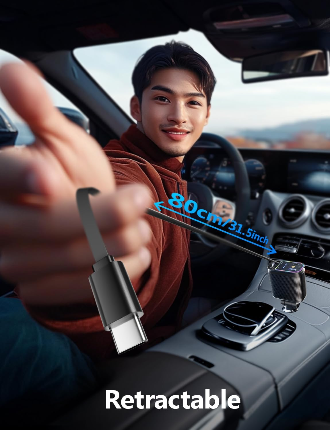 Retractable Car Charger with Starlight, 66W Starlight in Car roof 4 in 1 Retractable Car Phone Charger Adapter, Fast Charging USB C Cable