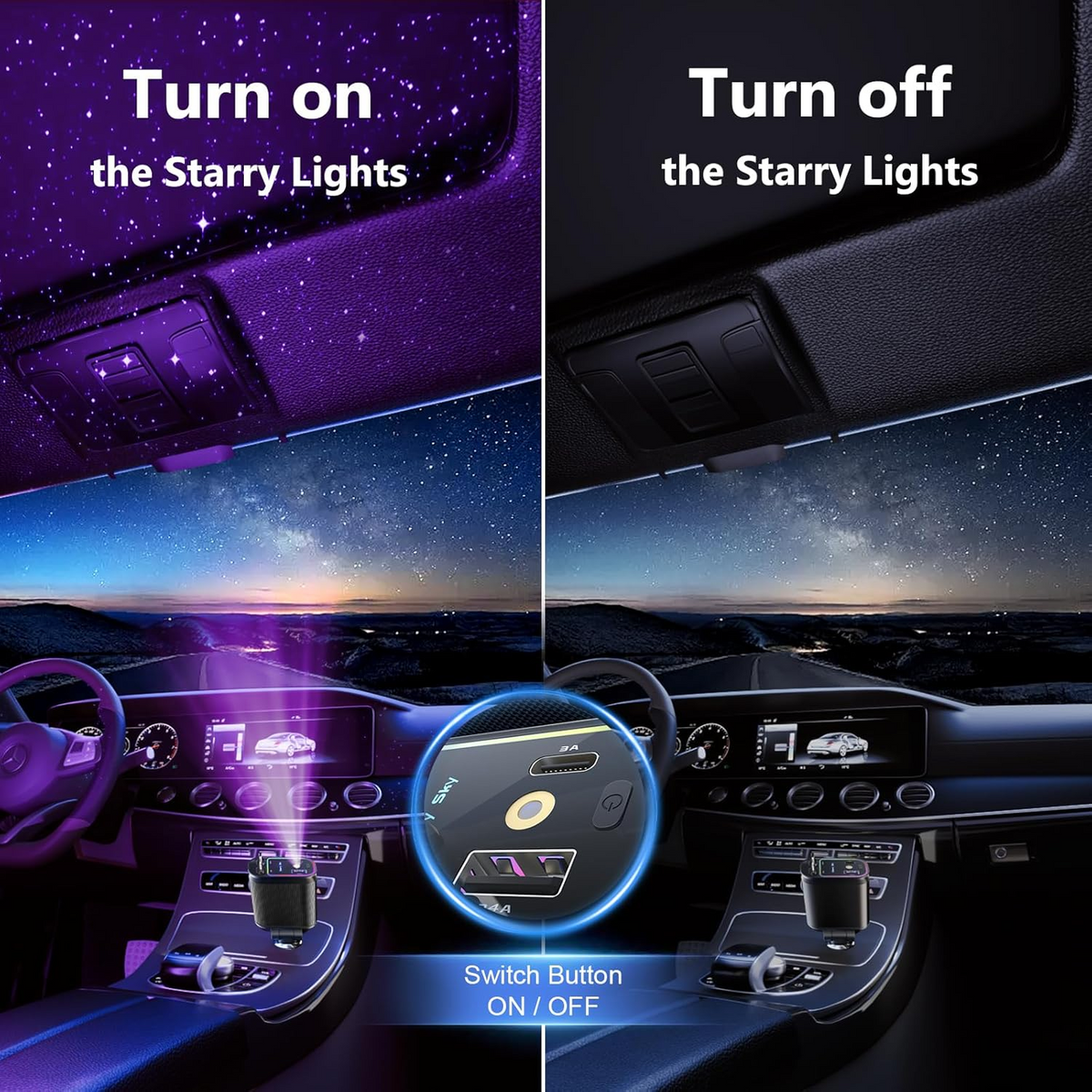 Retractable Car Charger with Starlight, 66W Starlight in Car roof 4 in 1 Retractable Car Phone Charger Adapter, Fast Charging USB C Cable