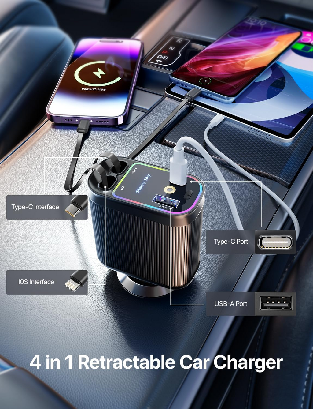 Retractable Car Charger with Starlight, 66W Starlight in Car roof 4 in 1 Retractable Car Phone Charger Adapter, Fast Charging USB C Cable