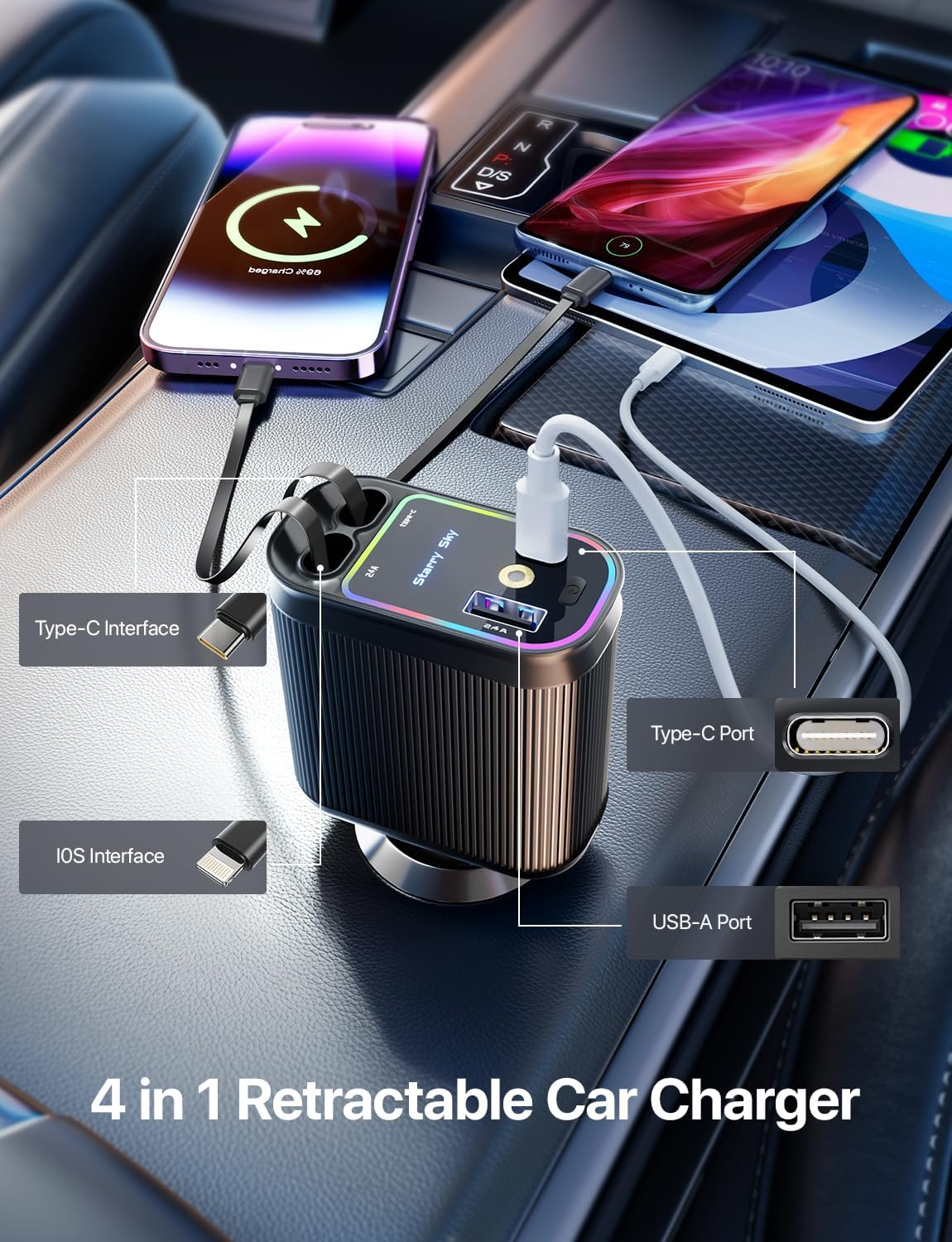 Retractable Car Charger with Starlight, 66W Starlight in Car roof 4 in 1 Retractable Car Phone Charger Adapter, Fast Charging USB C Cable
