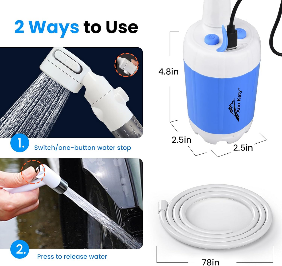 Portable Camping Shower Outdoor Camp Shower Pump,Upgrade Rechargeable Electric Shower Pump with Intelligent Digital Display Multiple Spray Modes for Camping, Hiking, Traveling