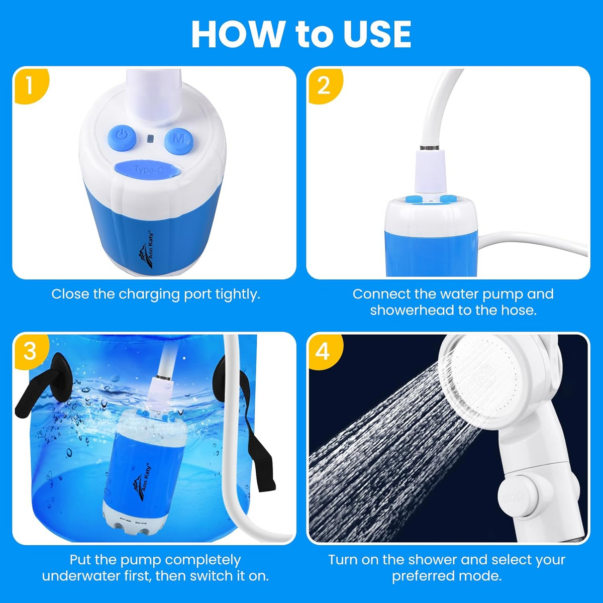 Portable Camping Shower Outdoor Camp Shower Pump,Upgrade Rechargeable Electric Shower Pump with Intelligent Digital Display Multiple Spray Modes for Camping, Hiking, Traveling