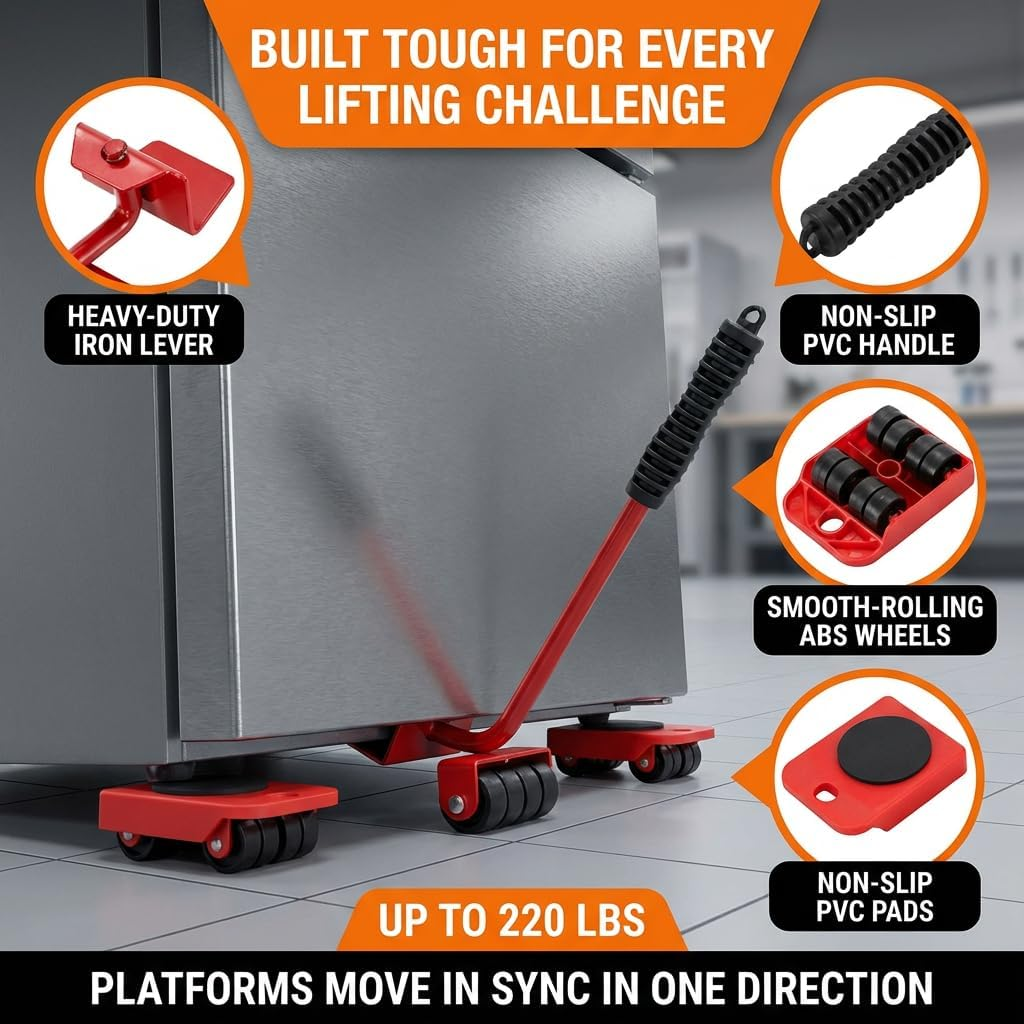 Furniture Lift Tool Set, Upgrade Furniture Movers Sliders Furniture Lifter Tool,Furniture Movers with Adjustable Height Lifting Tool Lever & 4 Wheels, Mover Dolly Sliders Tool