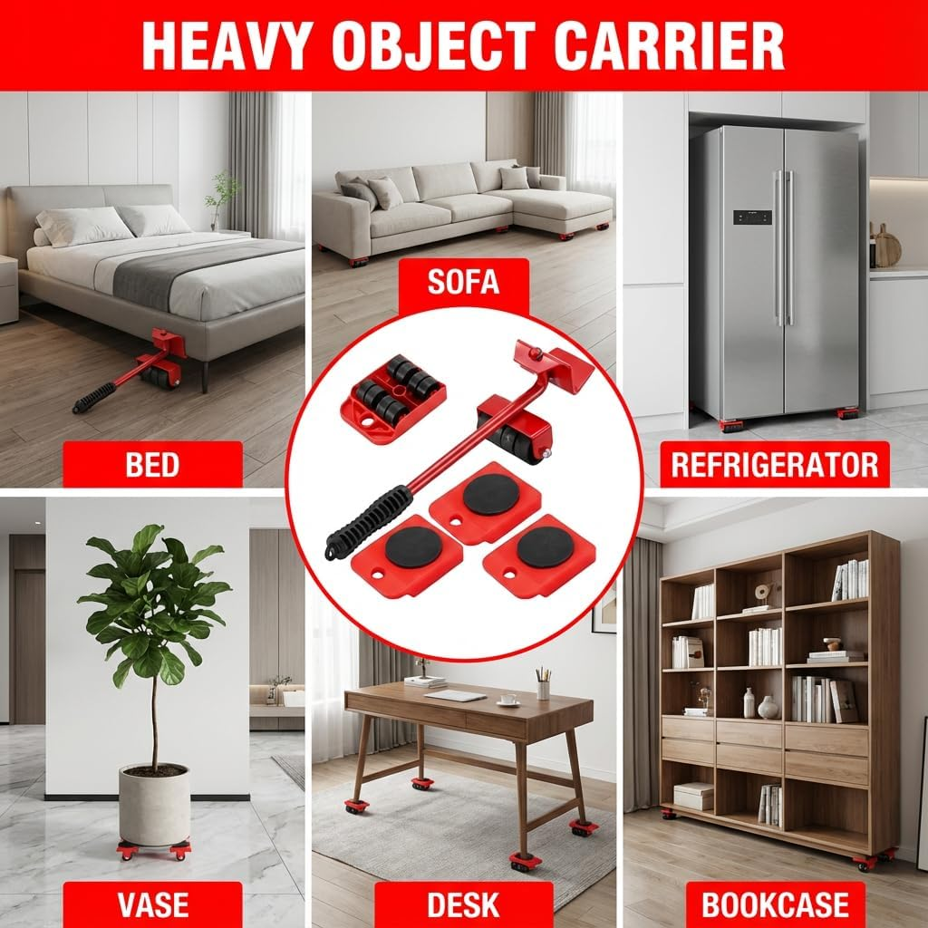 Furniture Lift Tool Set, Upgrade Furniture Movers Sliders Furniture Lifter Tool,Furniture Movers with Adjustable Height Lifting Tool Lever & 4 Wheels, Mover Dolly Sliders Tool