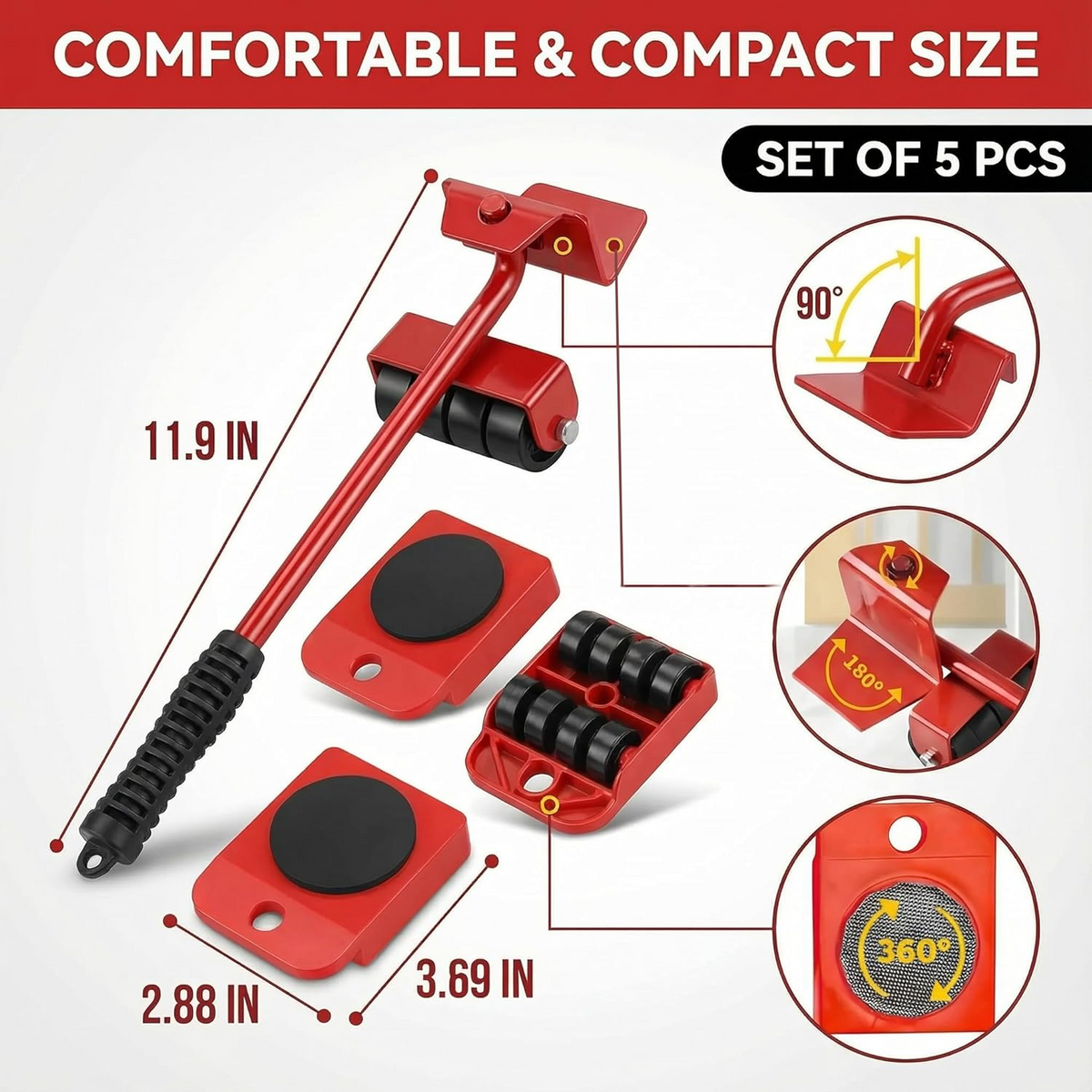 Furniture Lift Tool Set, Upgrade Furniture Movers Sliders Furniture Lifter Tool,Furniture Movers with Adjustable Height Lifting Tool Lever & 4 Wheels, Mover Dolly Sliders Tool